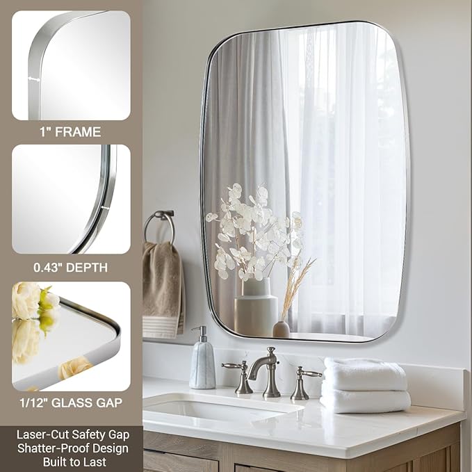 ANDY STAR Polished Chrome Mirror, 24x32 Oblong Bathroom Mirror for Vanity with Stainless Steel Metal Frame, Silver Oval Mirror Modern Anti Rust Wall Mounted