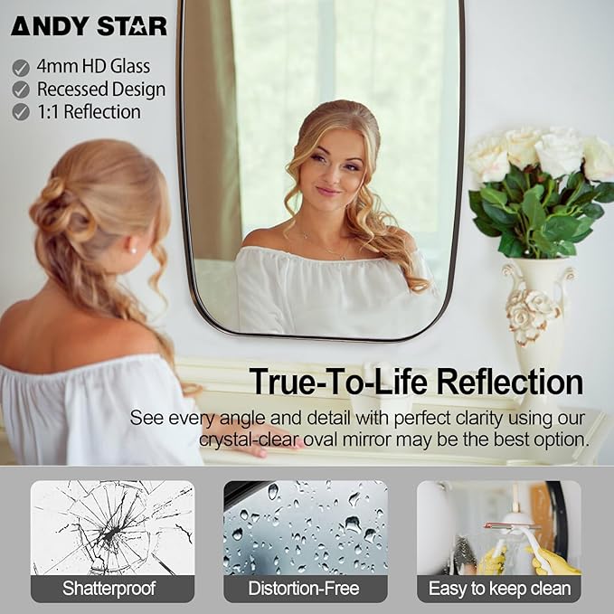 ANDY STAR Bronze Bathroom Mirror, 24x40 Inch Bronze Oval Mirror for Bathroom with Stainless Steel Metal Frame, Oblong Mirror for Bathroom, Living Room, Entryway